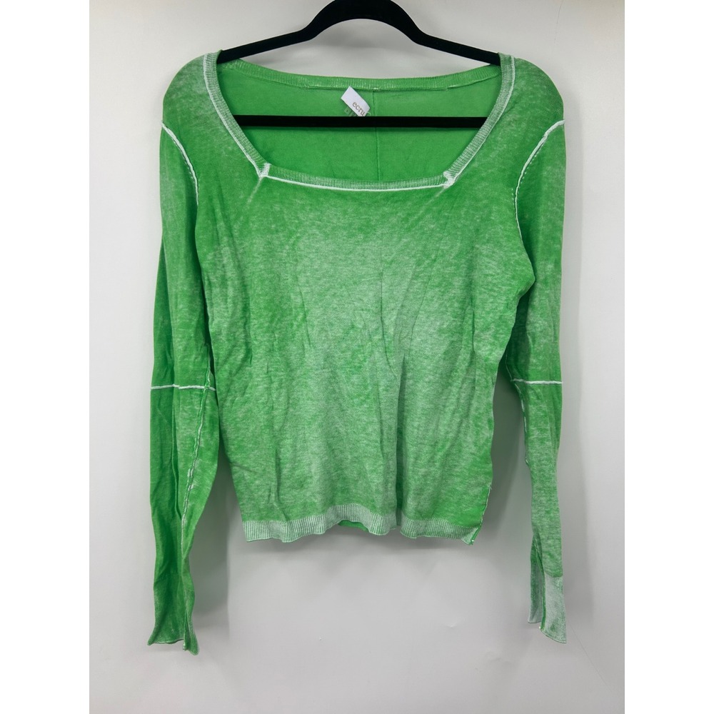 Ecru Womens Green Acid Wash Square Neck Cotton Long Sleeve Top Exposed Stitch S